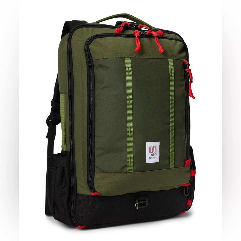 Topo Designs Olive Green and Black Messenger Backpack with Red Accents